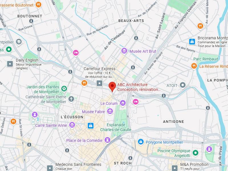 Montpellier : Carte détaillée centre-ville (Écusson, Corum). Carte de Montpellier. Le pin rouge marque ABC Architecture (Conception, rénovation...) près du Corum, des Beaux-Arts et de l'Écusson.