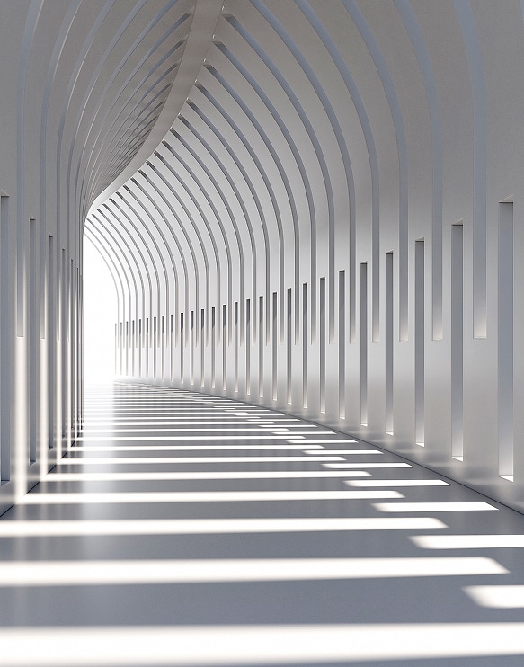 Couloir Moderne : Perspective d'Arcs Blancs et Séquence d'Ombres Couloir moderne minimaliste. Arches blanches répétitives et voûtées menant à la lumière. Ombres géométriques nettes soulignant la perspective.